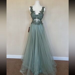 Prom Sleeveless Sage Green Lace Appliqué Tulle Evening Dress